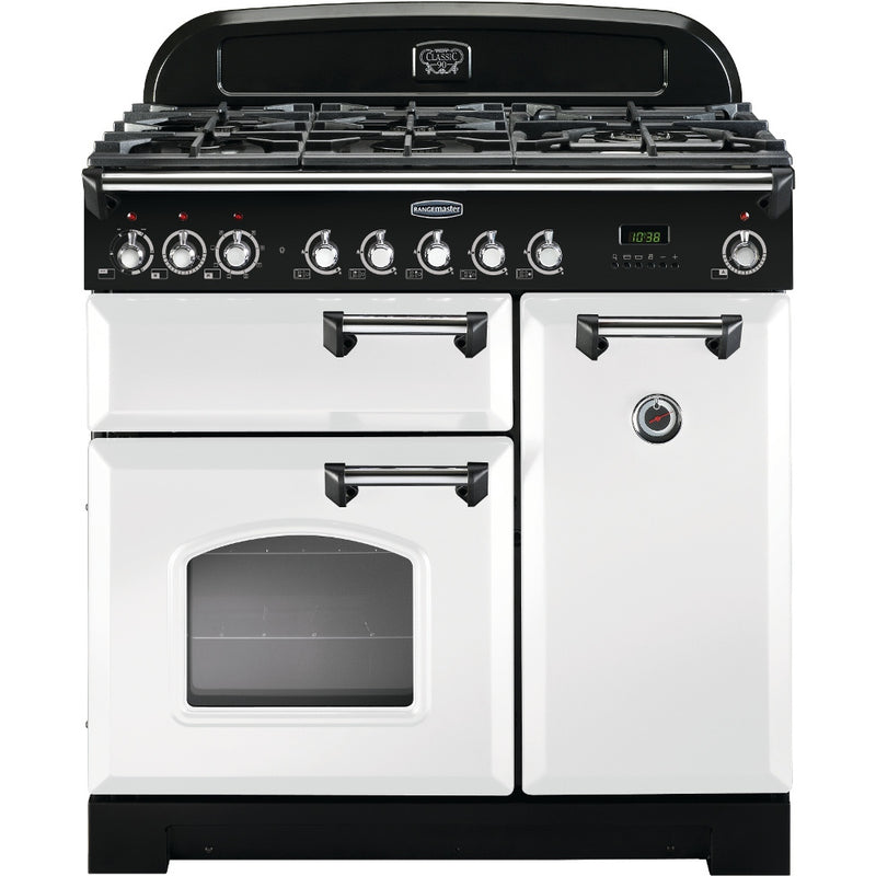 Rangemaster Classic Deluxe 90cm Dual Fuel Range Cooker White with Chrome - DB Domestic Appliances