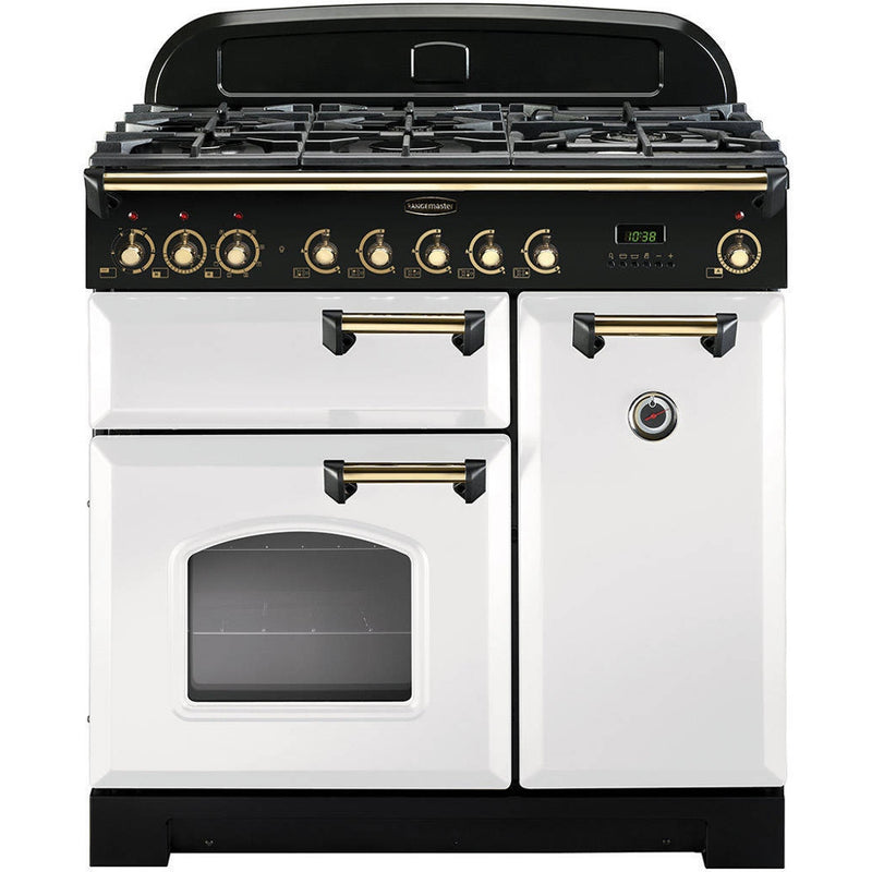 Rangemaster Classic Deluxe 90cm Dual Fuel Range Cooker White with Brass - DB Domestic Appliances
