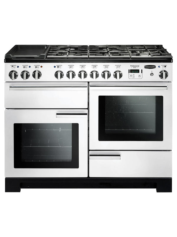 Rangemaster Professional Deluxe 110cm Dual Fuel Range Cooker White with Chrome - DB Domestic Appliances