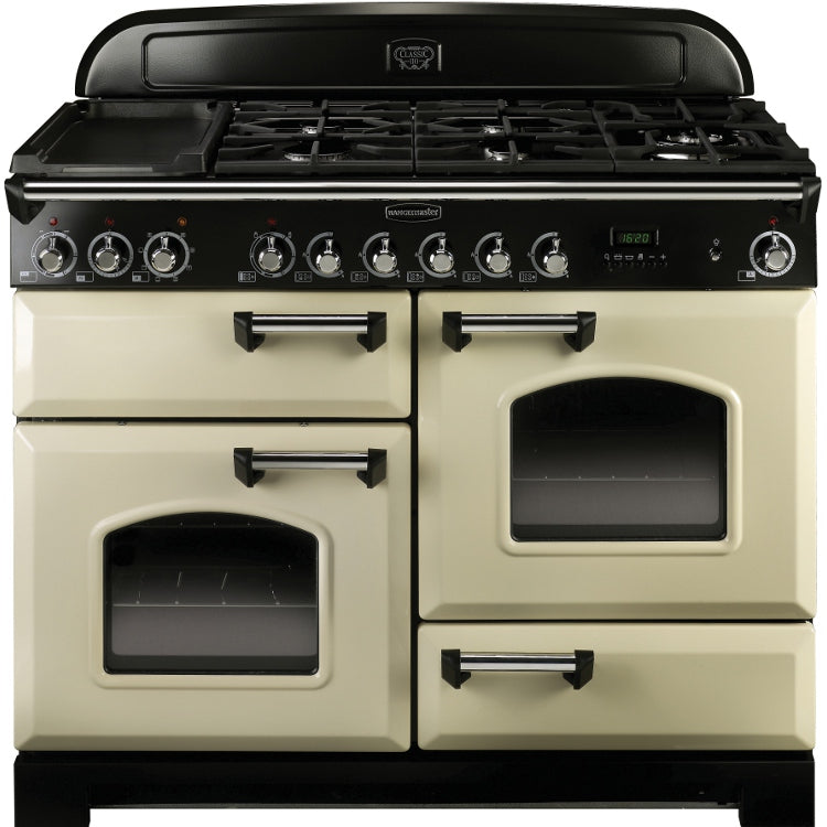 Rangemaster Classic Deluxe 110cm Dual Fuel Range Cooker Cream with Chrome - DB Domestic Appliances